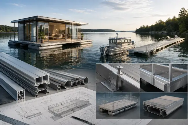 Flydende huse og skibe i aluminium med pontoner, gangbro og aluminiumsprofiler samt tekniske tegninger